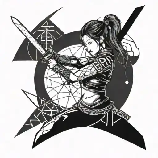 A Fierce And Beautiful Warrior Woman Wielding A Katana Surrounded By Symbols And Geometric Shapes