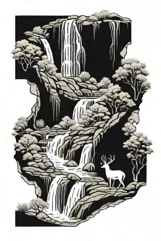 Water Fall With Deer And Bears Sitting