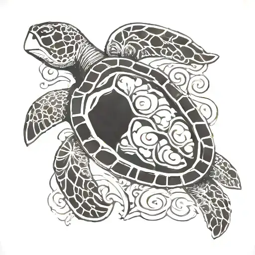Sea Turtle With Tribal Design As The Shell And A Plumeria Flower On The Front Right Flipper