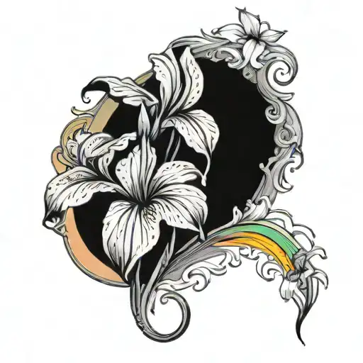 Half Sleeve Tattoo Of Moon And Iris And A Rainbow