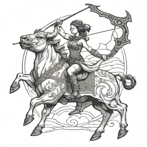 A Female Archer Riding A Majestic Bull
