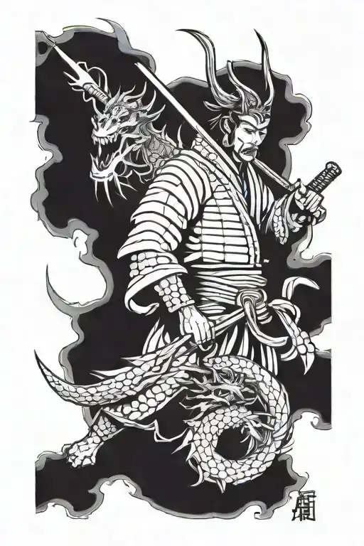 Samurai And Dragon And Sun