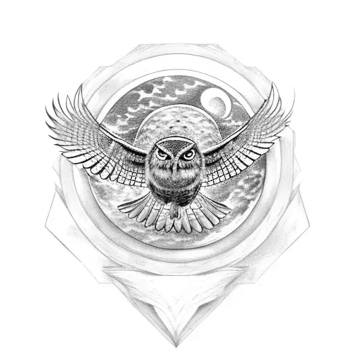 Bubo Virginianus Owl Flying With Open Wings On A Full Moon Night Holding A Clock