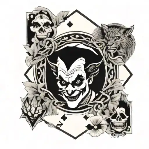 A Joker Playing Card Surrounded By Wildlife In A Blackwork Style