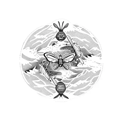 A Mystical Pisces Zodiac Symbol With Butterfly Intertwined With Desert Cacti And Mountains