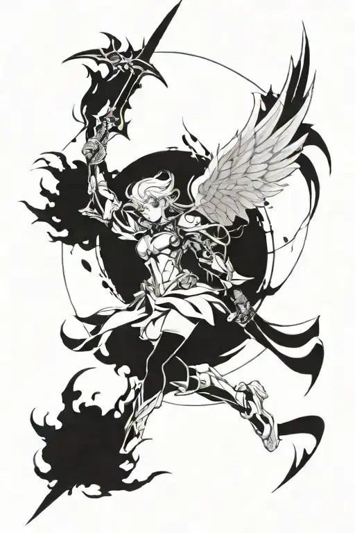 Combine Elements Of Anime Girl And Angels To Create A Celestial Warrior Tattoo Design