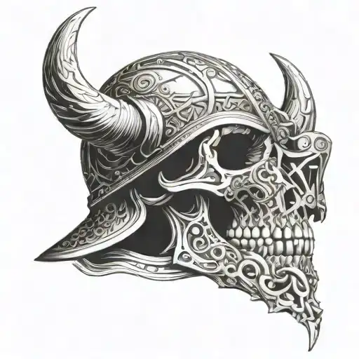 A Skull Wearing A Viking Helmet With Intricate Gun Engravings