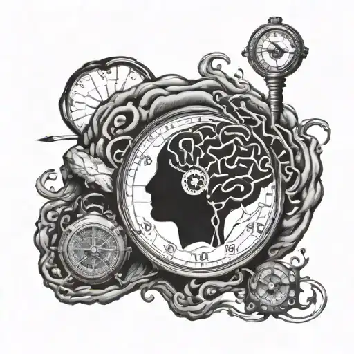 Detailed Tattoo Of A Brain With A Compass Pointing Towards The Hippocampus