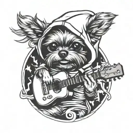 Design A Tattoo Of A Yorkie Dog In A Hoodie Playing Guitar At A Beach Party Surrounded By Sexy Women
