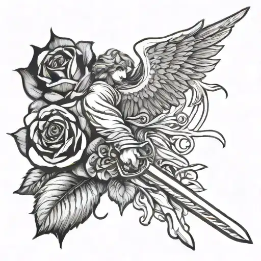 Rose With Angel Holding A Sword