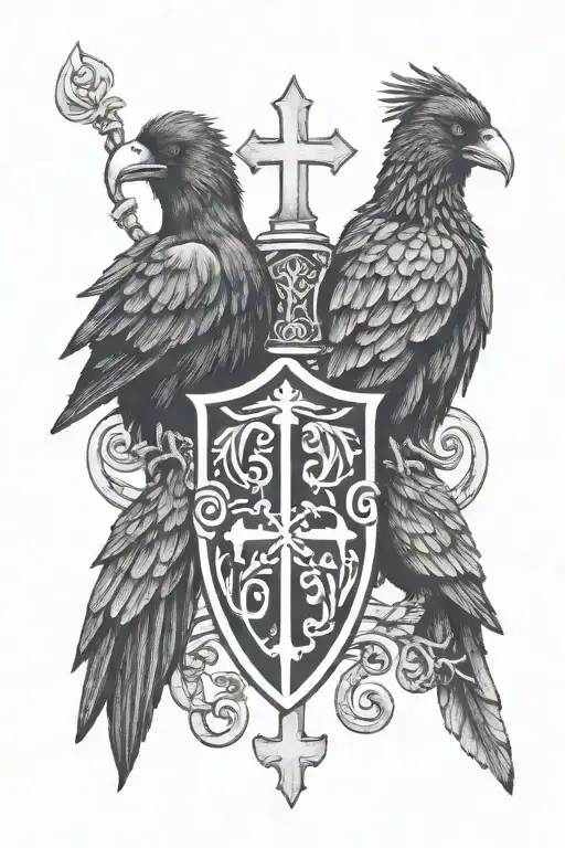 Rooker Family Crest Tattoo Incorporating Castle Rookery 6 Crows Celtic Cross