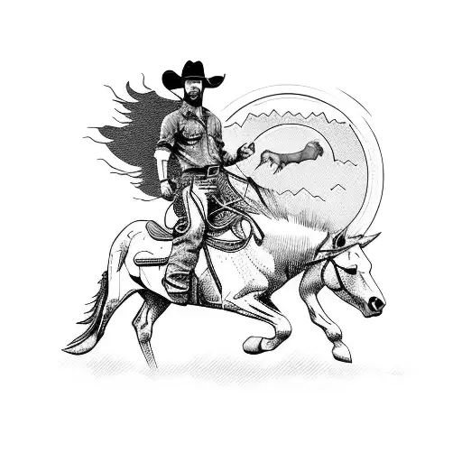 A Cowboy Riding A Wild Stallion Against A Backdrop Of Mountains And A Setting Sun