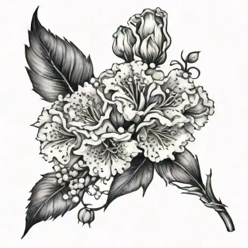 A Realistic Blackwork Tattoo Of A Carnation Intertwined With Lily Of The Valley Flowers