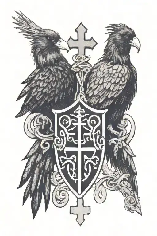 Castle Rookery Crest With Two Large Crows Holding A Celtic Cross And 4 Small Crows On The Shield