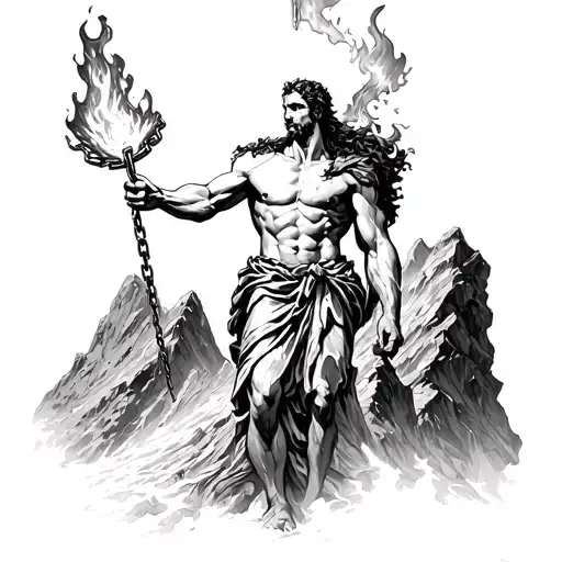 Prometheus Chained To Mountain Holding Fire