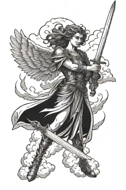 Female Angel Warrior Wielding A Sword Surrounded By Clouds