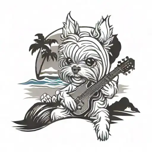 Design A Tattoo Of A Yorkie Dog In A Hoodie Playing Guitar At A Beach Party Surrounded By Sexy Women
