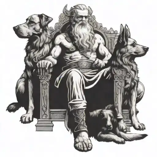 Odin Sitting On A Throne With Two Dogs On Either Side