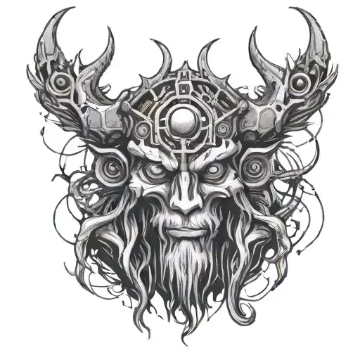 A Futuristic Cyberpunk Leshy Tattoo Design Incorporating Elements Of Heavy Metal Music