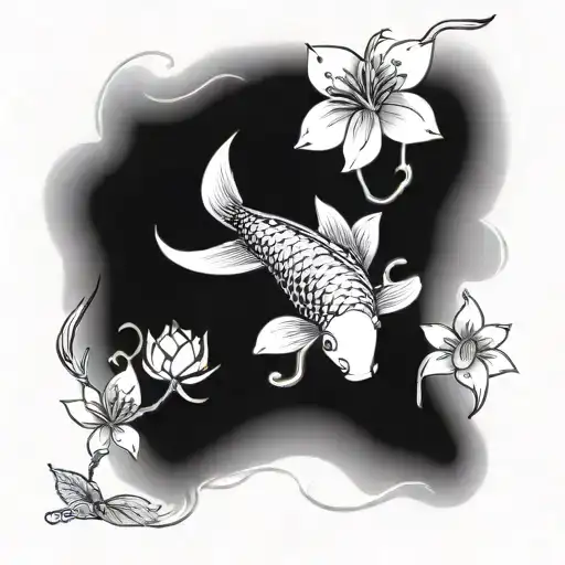 A Peaceful Koi Fish Swimming Among Delicate Chinese Magnolias In A Tranquil Water Scene