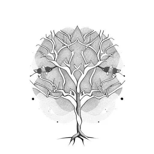 A Majestic Tree With Intricate Roots And Branches Intertwined With Geometric Shapes