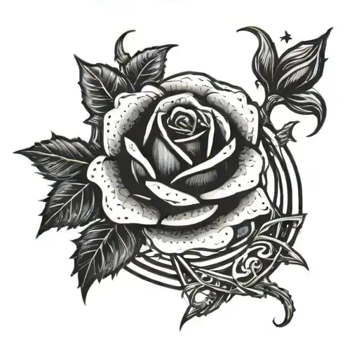 A Gothic-style Black Rose With Thorns Intertwined With A Crescent Moon And Stars