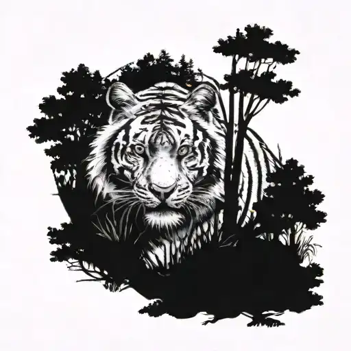 A Serene Forest Scene With A Hidden Tiger Lurking In The Shadows