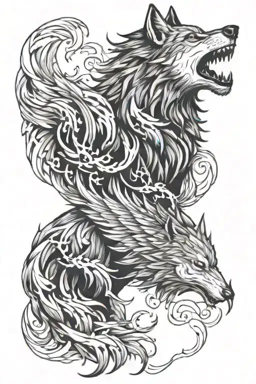 Wolf With Phoenix Tattoo Design