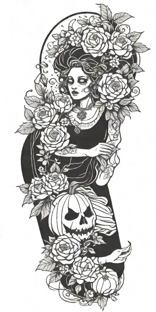 A Ghostly Figure Surrounded By A Wreath Of Flowers And Pumpkins
