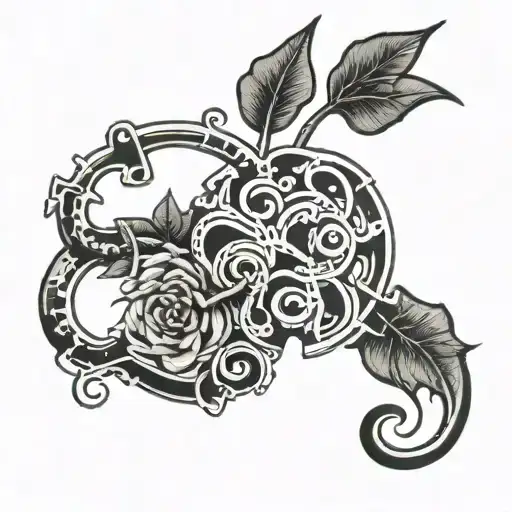 A Traditional Tattoo Of A Plant Winding Around A Puzzle Piece With Musical Symbols Incorporated