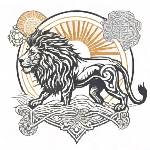 Lion In A Sun Rising Sun In The Background Symbolizing