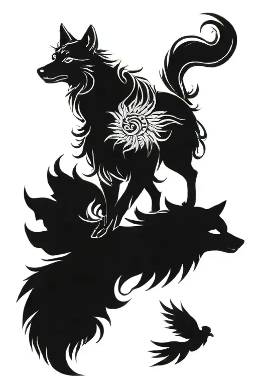 Feminine Wolf With Phoenix Tattoo Design