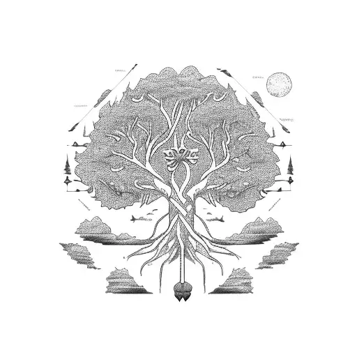 A Tree Of Life With Various Animals Incorporated Into Its Branches In A Blackwork Style