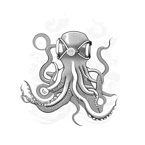 A Diver Swimming In Soace With A Giant Octopus