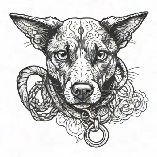 A Cat Holds A Tattoo Sketch On A Leash Of A Labrador