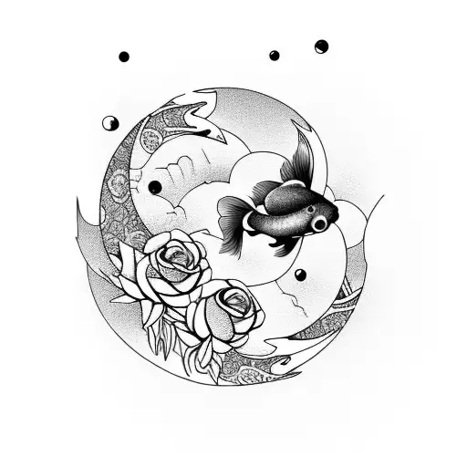 Koi Fish With The Moon And Roses
