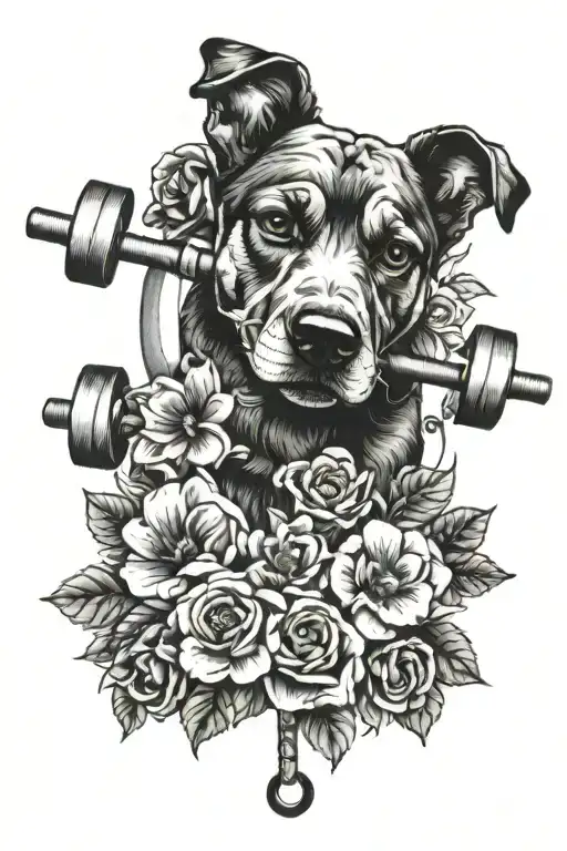 Dog Barbell And Flowers Intertwined