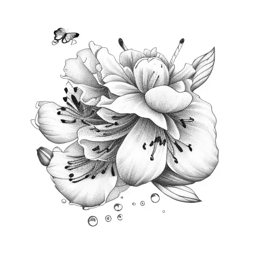 A Delicate Blackwork Peony And Lily Surrounded By Lush Greenery