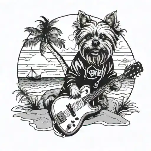 Design A Tattoo Of A Yorkie Dog In A Hoodie Playing Guitar At A Beach Party Surrounded By Sexy Women