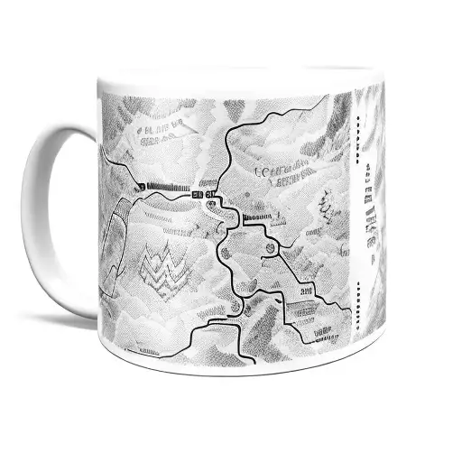 A Coffee Mug With A Trail Map Wrapped Around It