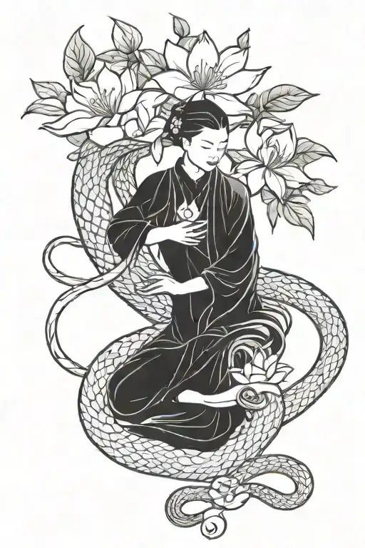 A Serene Meditating Figure Surrounded By Intertwining Snakes And Chinese Magnolias