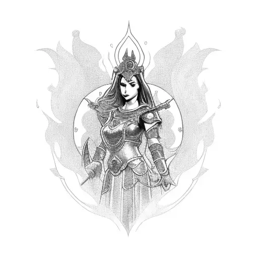 Full Body Goddes Hestia In Ladies Armor With Flames Dark Background