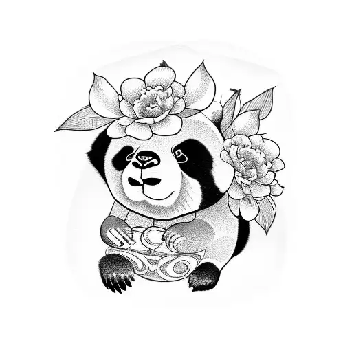 Panda With Peonies And Bambus