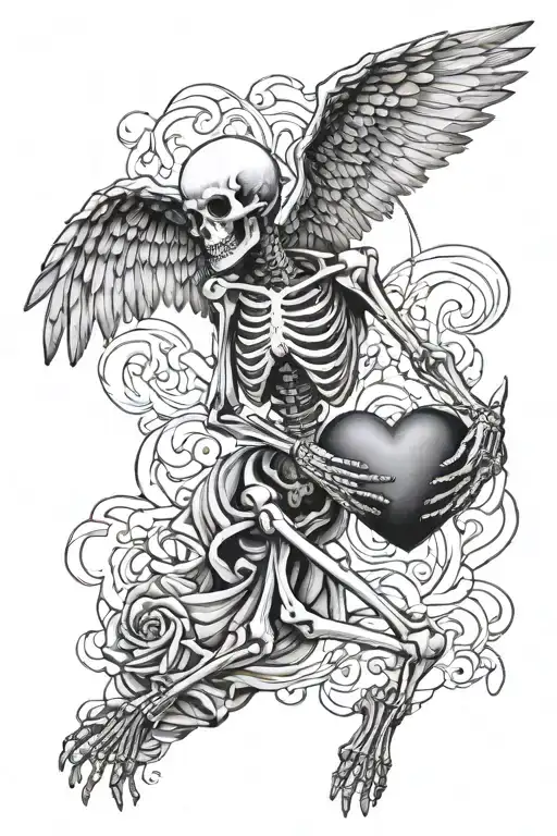 Flying Skeleton With Wings Holding Heart In Both Hands Holding A Hear