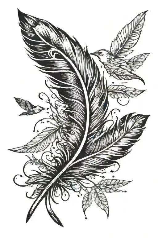 A Feather With Birds Flying At The End Of The Feather