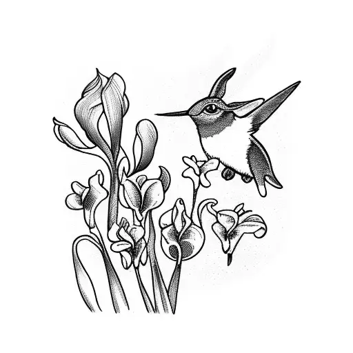 A Whimsical Scene Of A Rabbit And Hummingbird Frolicking In A Field Of Irises