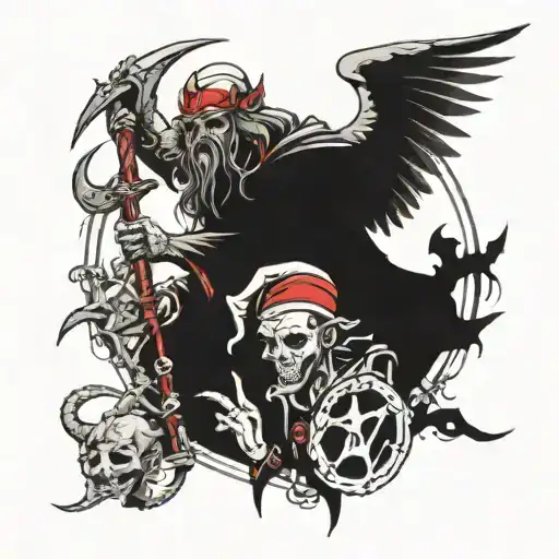 Stylized Scary Archangel Lucifer Controls A Creepy Jester In A Red Cap With Bells