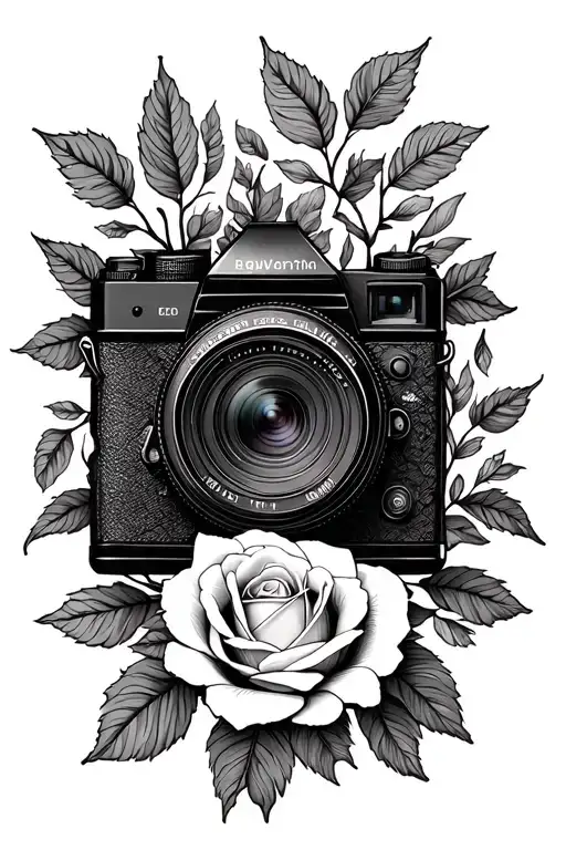 Camera Surrounded By Rose Flower And Leaves Intertwined