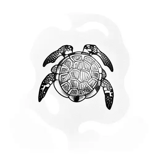 Island With Palm Trees And Turtle Dives In The Water