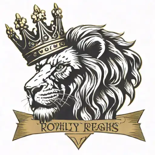 A Lion's Face With A Crown On Top And A Banner Below With The Words 'Royalty Reigns'